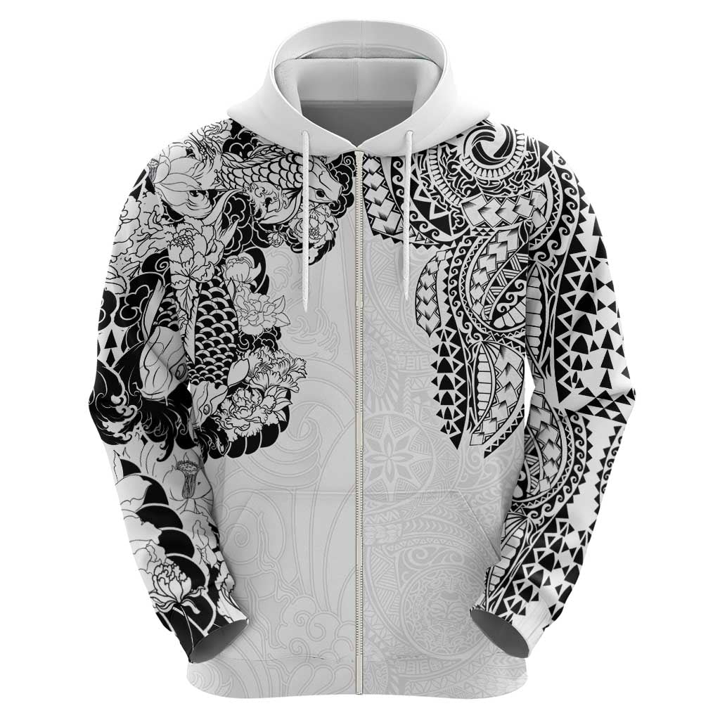 Japanese Irezumi and Hawaiian Polynesian Art Tattoo Zip Hoodie White Color - Wonder Print Shop