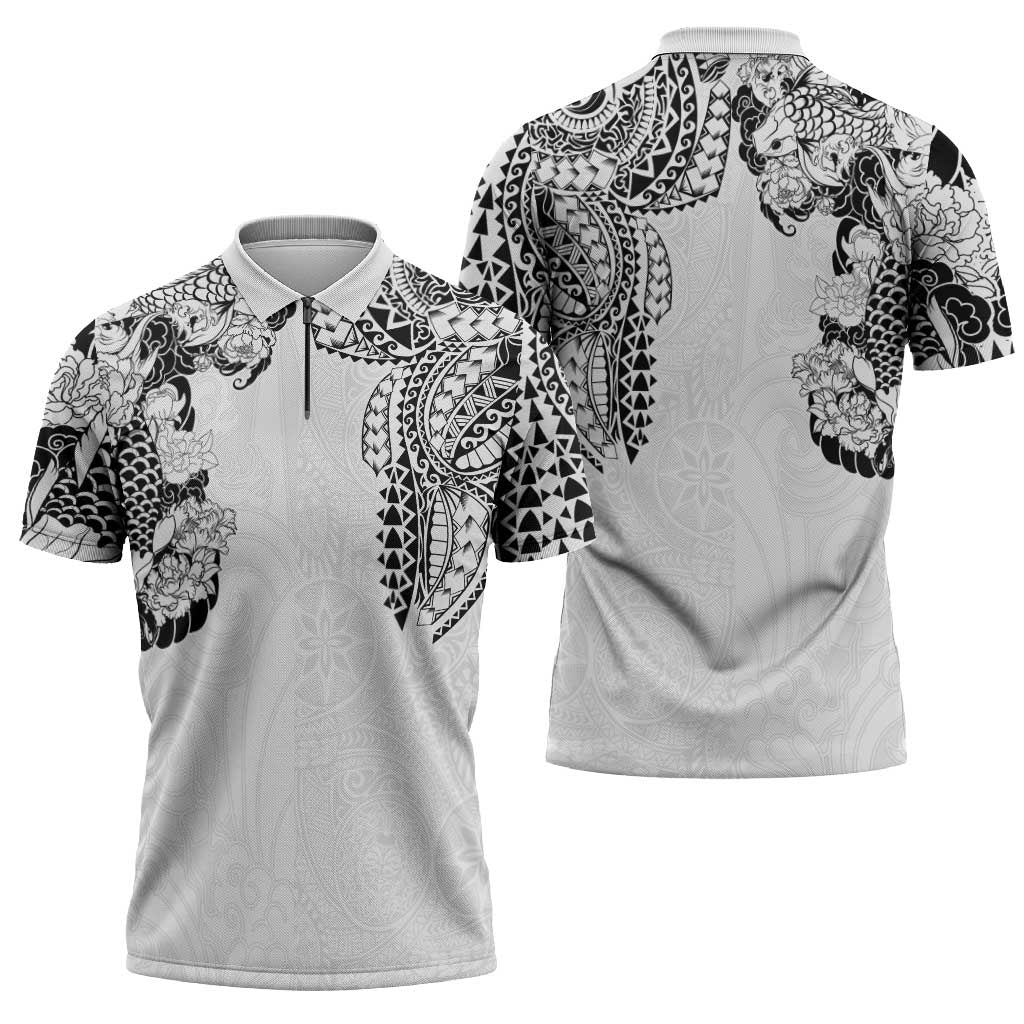 Japanese Irezumi and Hawaiian Polynesian Art Tattoo Zipper Polo Shirt White Color - Wonder Print Shop