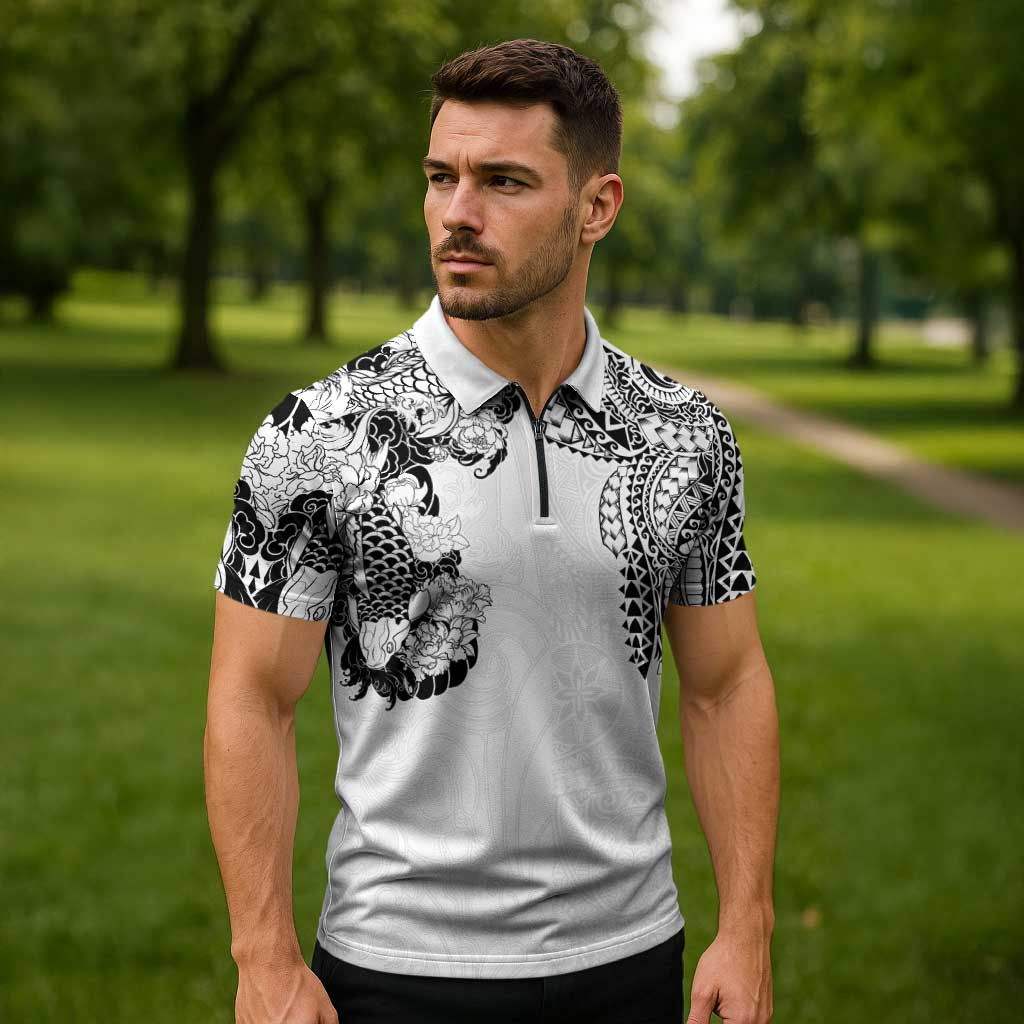 Japanese Irezumi and Hawaiian Polynesian Art Tattoo Zipper Polo Shirt White Color - Wonder Print Shop
