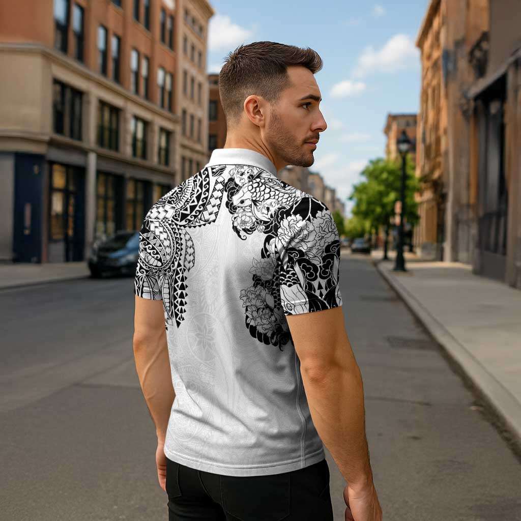 Japanese Irezumi and Hawaiian Polynesian Art Tattoo Zipper Polo Shirt White Color - Wonder Print Shop
