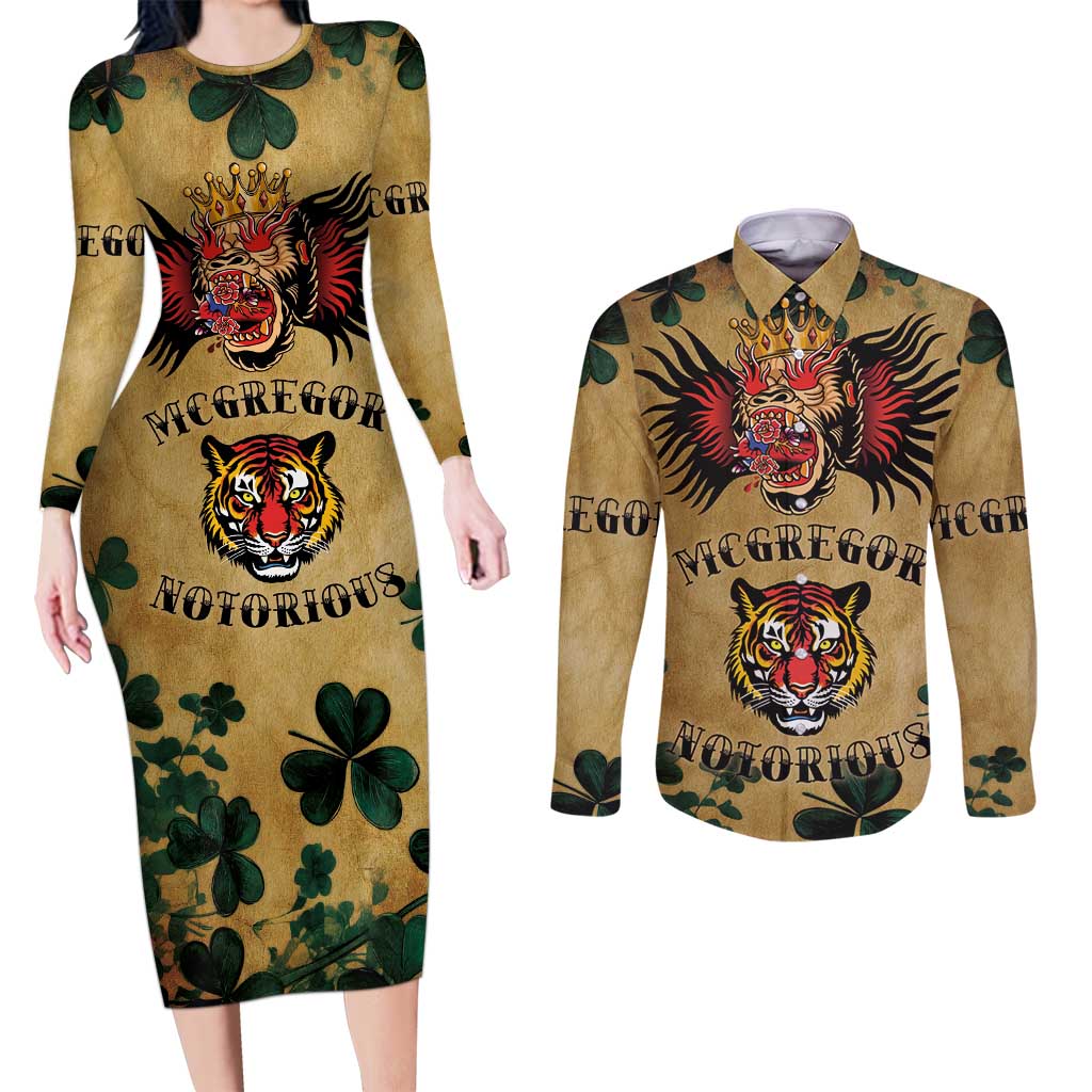 The Irishman-Notorious Couples Matching Long Sleeve Bodycon Dress and Long Sleeve Button Shirt Old School Tattoos and Shamrocks Grunge Style