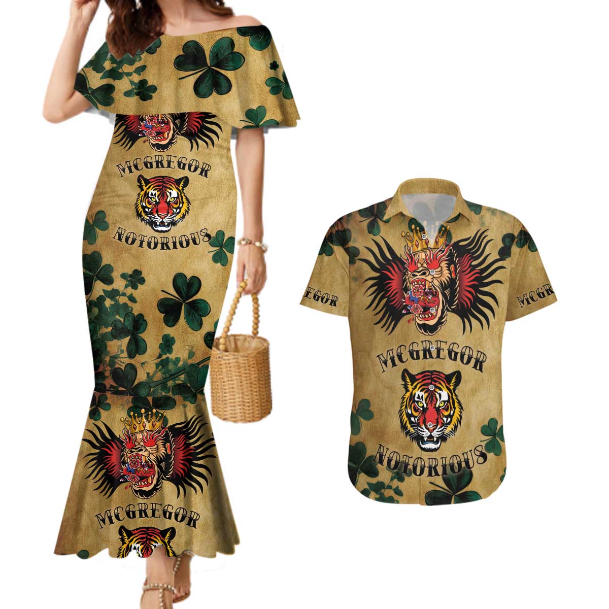 The Irishman-Notorious Couples Matching Mermaid Dress and Hawaiian Shirt Old School Tattoos and Shamrocks Grunge Style