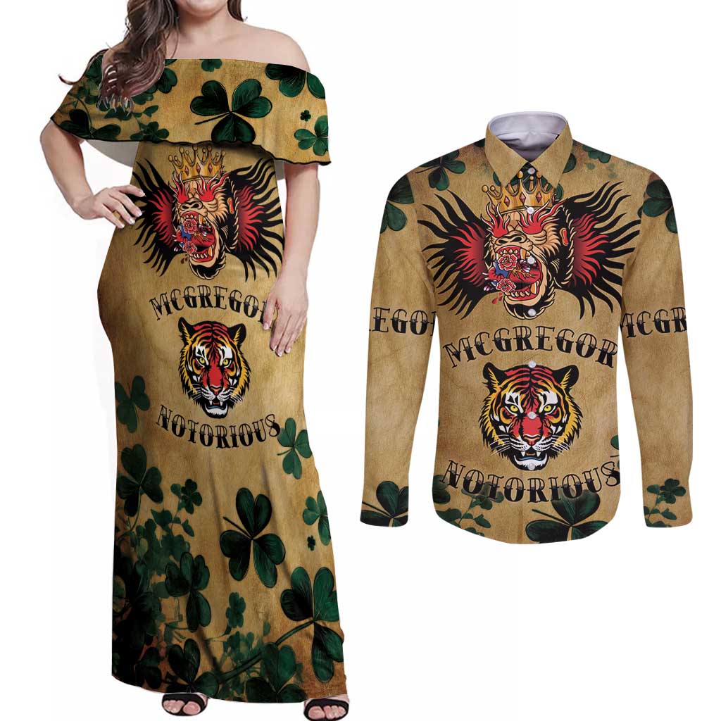 The Irishman-Notorious Couples Matching Off Shoulder Maxi Dress and Long Sleeve Button Shirt Old School Tattoos and Shamrocks Grunge Style