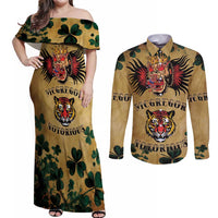 The Irishman-Notorious Couples Matching Off Shoulder Maxi Dress and Long Sleeve Button Shirt Old School Tattoos and Shamrocks Grunge Style