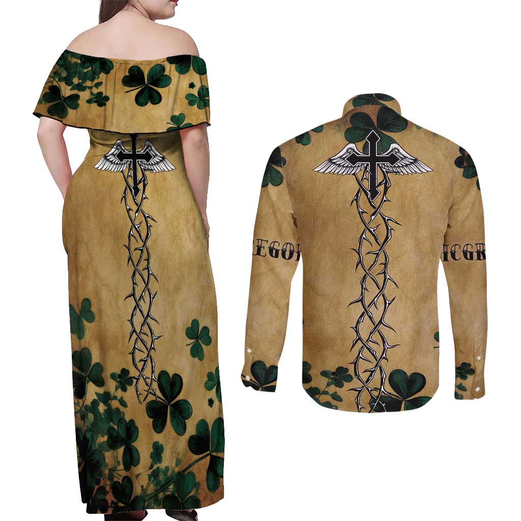 The Irishman-Notorious Couples Matching Off Shoulder Maxi Dress and Long Sleeve Button Shirt Old School Tattoos and Shamrocks Grunge Style
