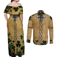 The Irishman-Notorious Couples Matching Off Shoulder Maxi Dress and Long Sleeve Button Shirt Old School Tattoos and Shamrocks Grunge Style