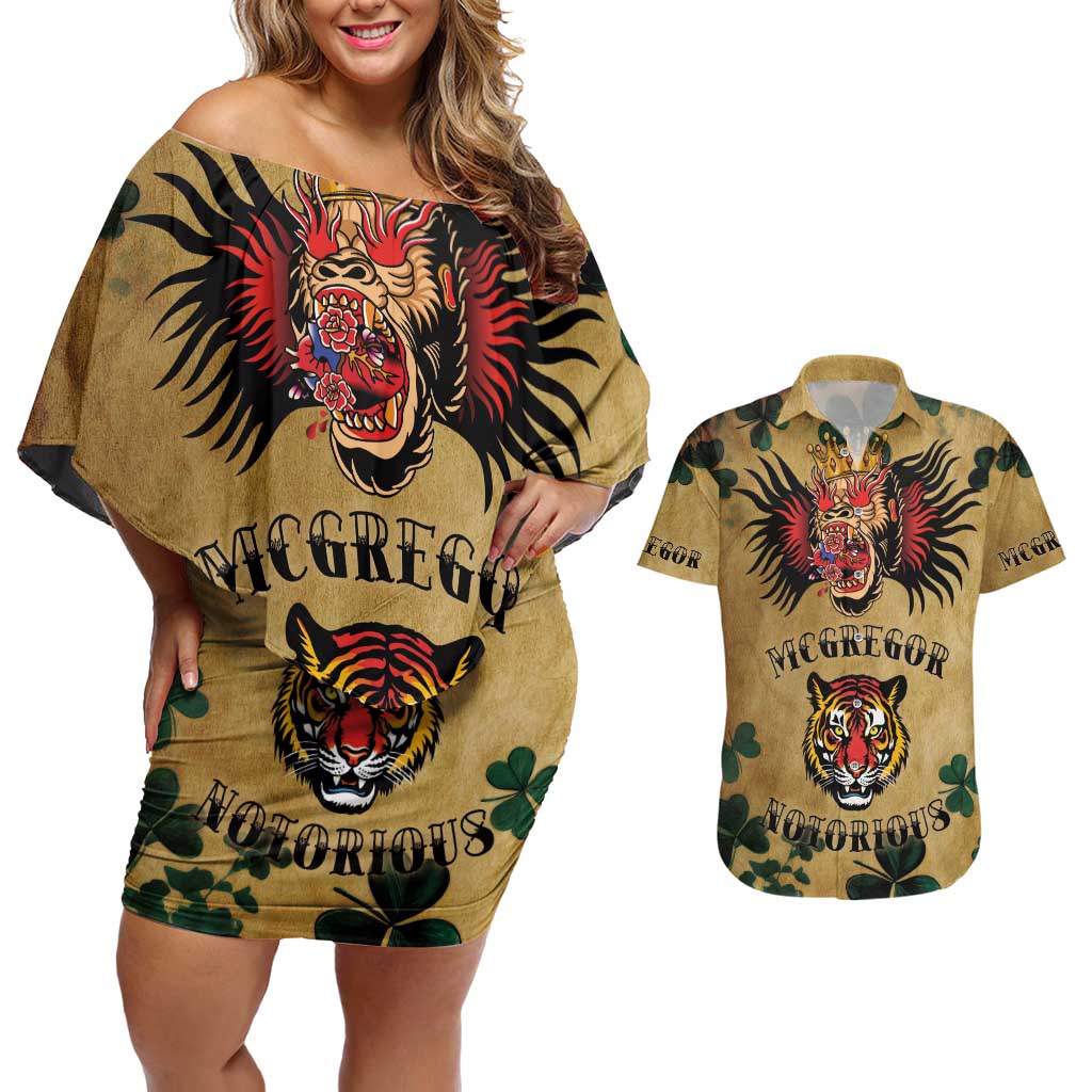 The Irishman-Notorious Couples Matching Off Shoulder Short Dress and Hawaiian Shirt Old School Tattoos and Shamrocks Grunge Style