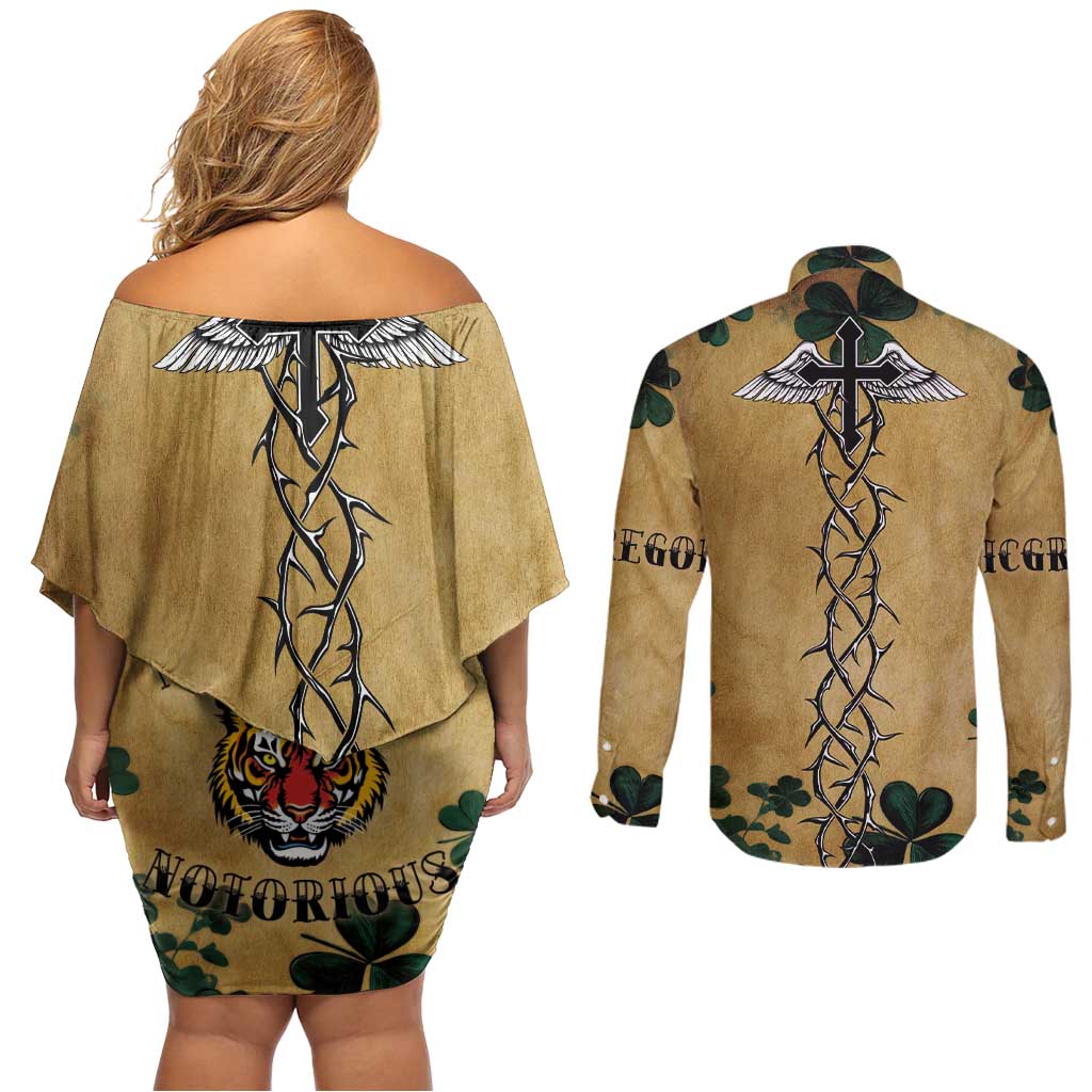 The Irishman-Notorious Couples Matching Off Shoulder Short Dress and Long Sleeve Button Shirt Old School Tattoos and Shamrocks Grunge Style