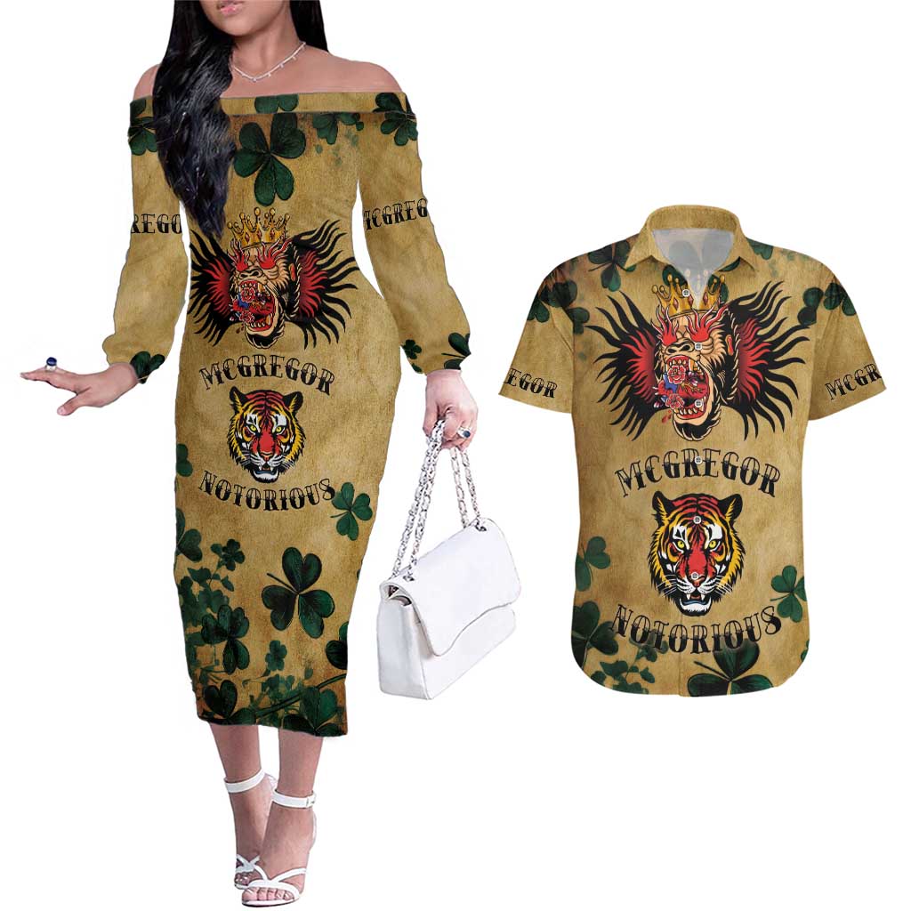 The Irishman-Notorious Couples Matching Off The Shoulder Long Sleeve Dress and Hawaiian Shirt Old School Tattoos and Shamrocks Grunge Style