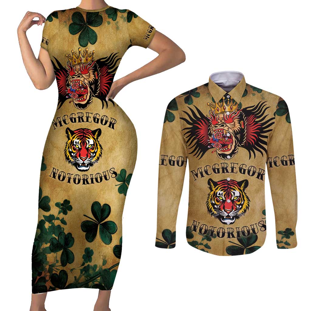 The Irishman-Notorious Couples Matching Short Sleeve Bodycon Dress and Long Sleeve Button Shirt Old School Tattoos and Shamrocks Grunge Style