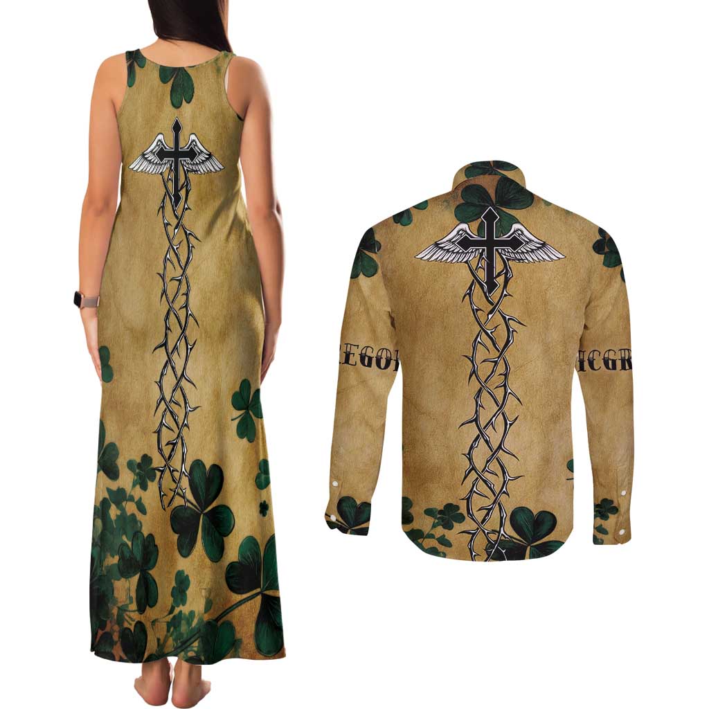 The Irishman-Notorious Couples Matching Tank Maxi Dress and Long Sleeve Button Shirt Old School Tattoos and Shamrocks Grunge Style