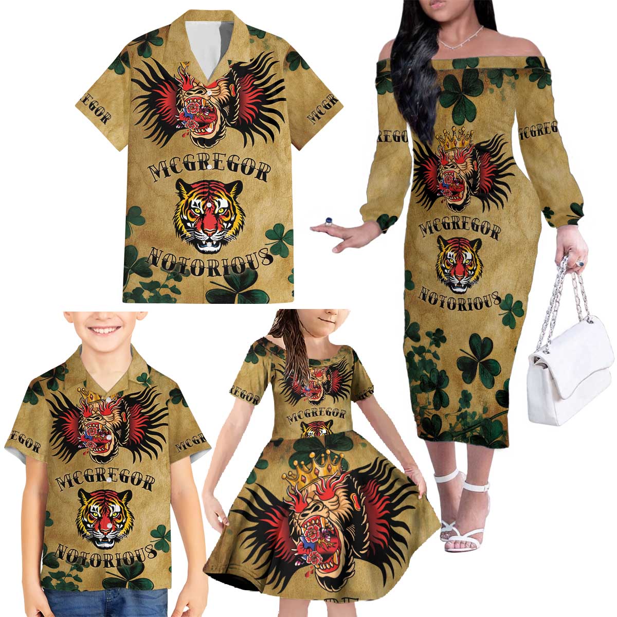 The Irishman-Notorious Family Matching Off The Shoulder Long Sleeve Dress and Hawaiian Shirt Old School Tattoos and Shamrocks Grunge Style