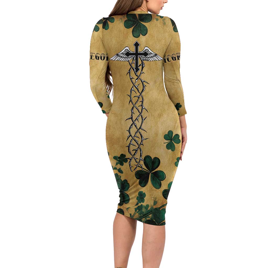 The Irishman-Notorious Long Sleeve Bodycon Dress Old School Tattoos and Shamrocks Grunge Style
