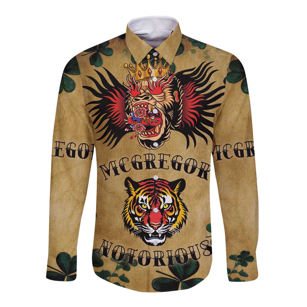 The Irishman-Notorious Long Sleeve Button Shirt Old School Tattoos and Shamrocks Grunge Style