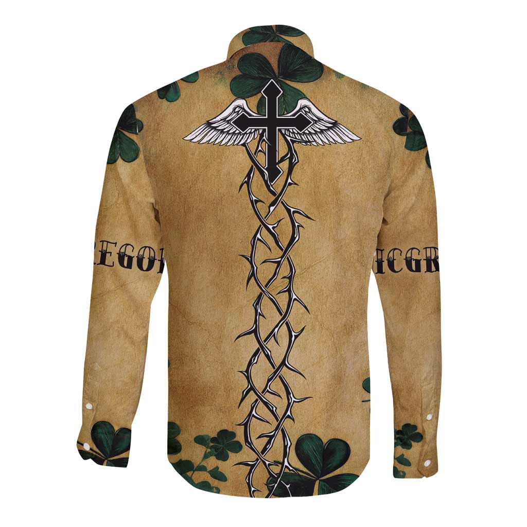 The Irishman-Notorious Long Sleeve Button Shirt Old School Tattoos and Shamrocks Grunge Style