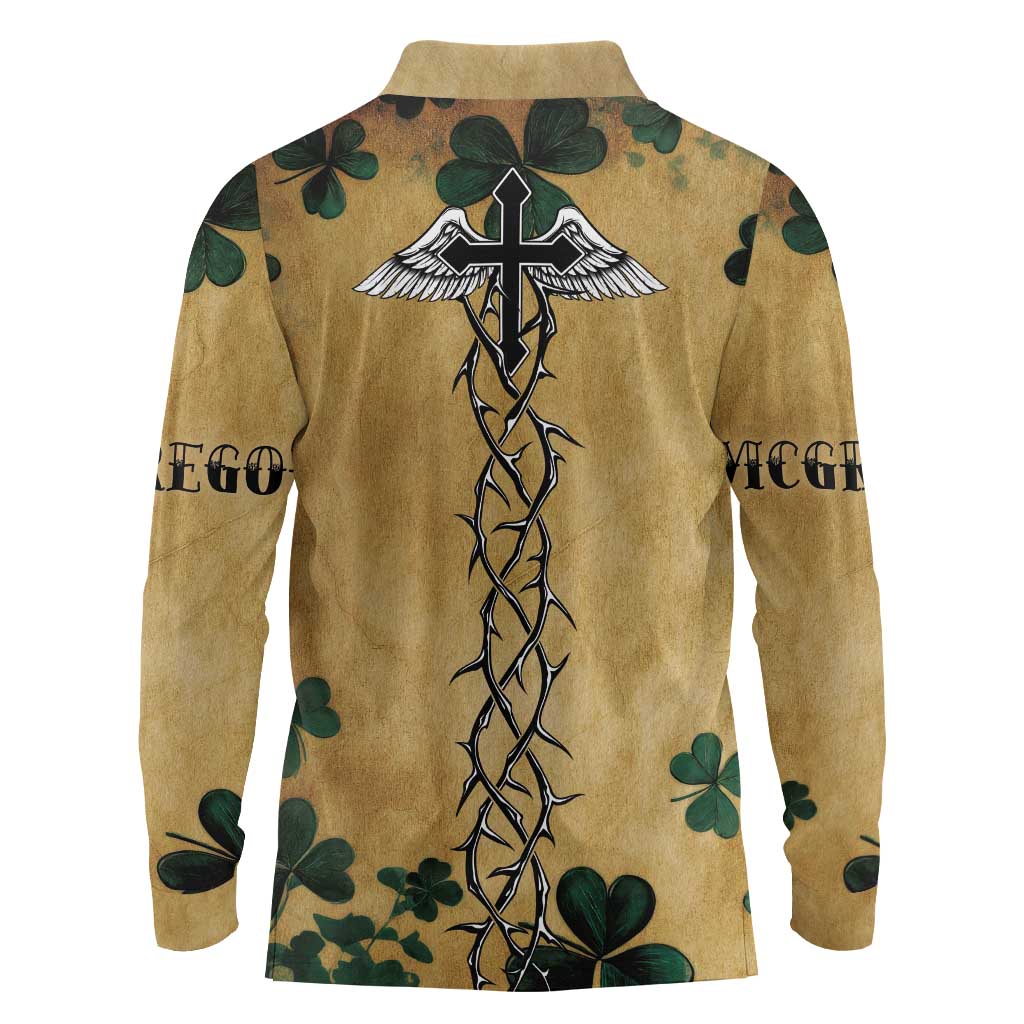 The Irishman-Notorious Long Sleeve Polo Shirt Old School Tattoos and Shamrocks Grunge Style