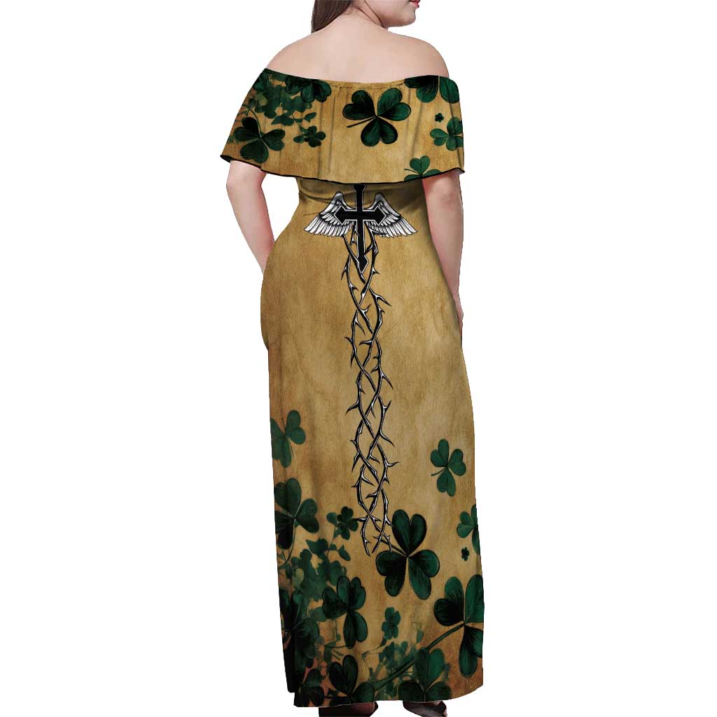 The Irishman-Notorious Off Shoulder Maxi Dress Old School Tattoos and Shamrocks Grunge Style
