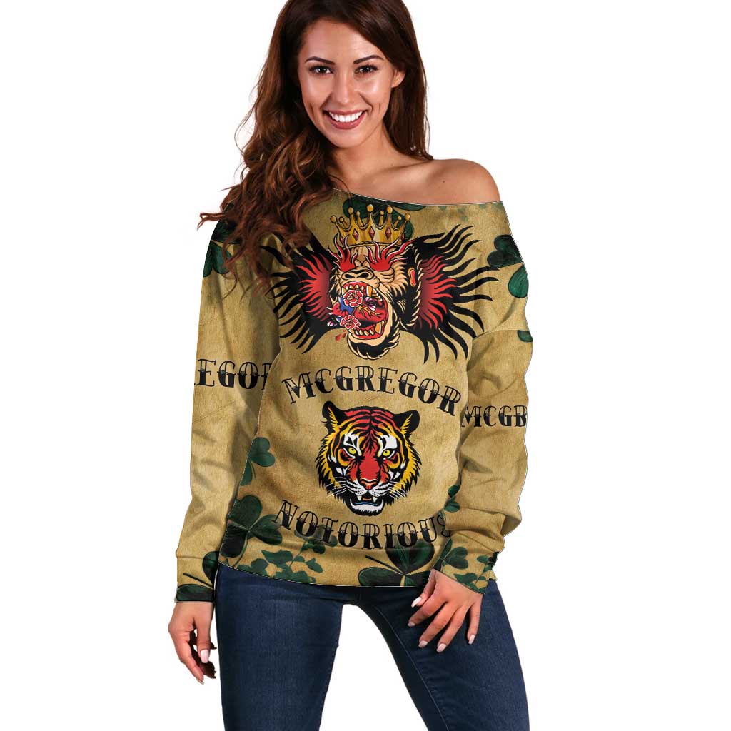The Irishman-Notorious Off Shoulder Sweater Old School Tattoos and Shamrocks Grunge Style