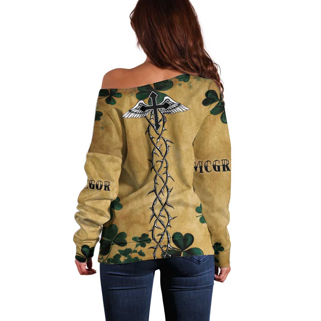 The Irishman-Notorious Off Shoulder Sweater Old School Tattoos and Shamrocks Grunge Style