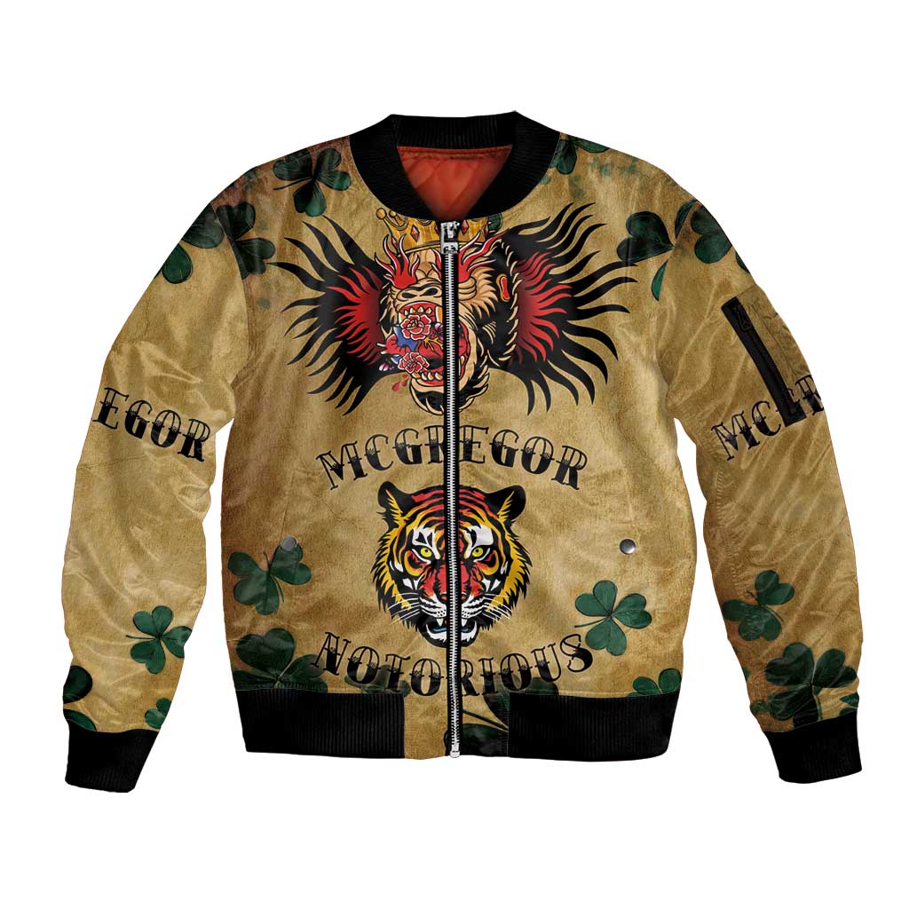 The Irishman-Notorious Sleeve Zip Bomber Jacket Old School Tattoos and Shamrocks Grunge Style