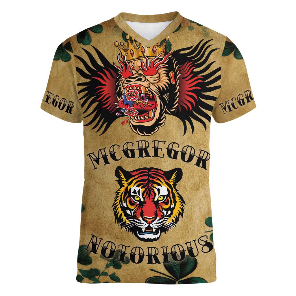 The Irishman-Notorious Women V-Neck T-Shirt Old School Tattoos and Shamrocks Grunge Style