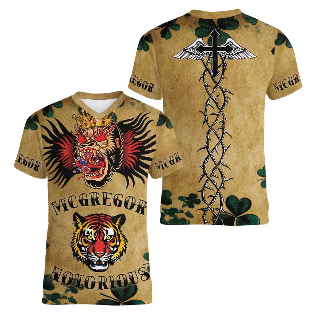 The Irishman-Notorious Women V-Neck T-Shirt Old School Tattoos and Shamrocks Grunge Style
