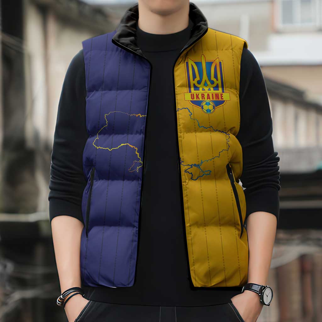 Custom Ukraine National Football Sleeveless Puffer Jacket The Blue and Yellow with Map Half Style - Wonder Print Shop