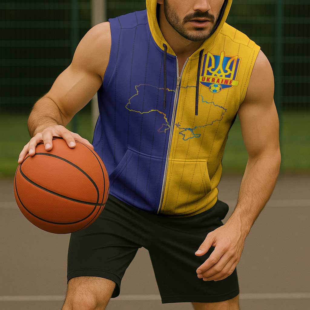 Custom Ukraine National Football Sleeveless Zip Hoodie The Blue and Yellow with Map Half Style - Wonder Print Shop