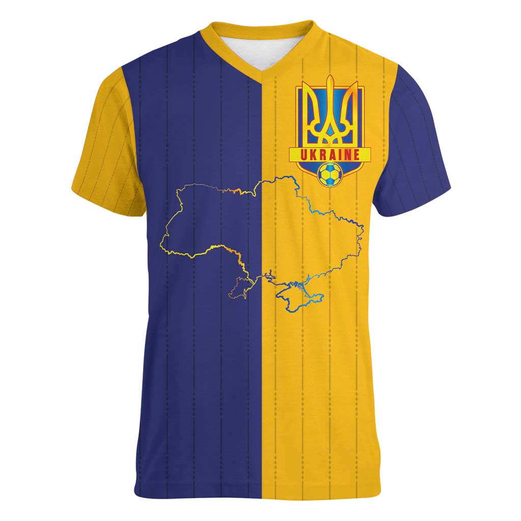 Custom Ukraine National Football Women V-Neck T-Shirt The Blue and Yellow with Map Half Style - Wonder Print Shop