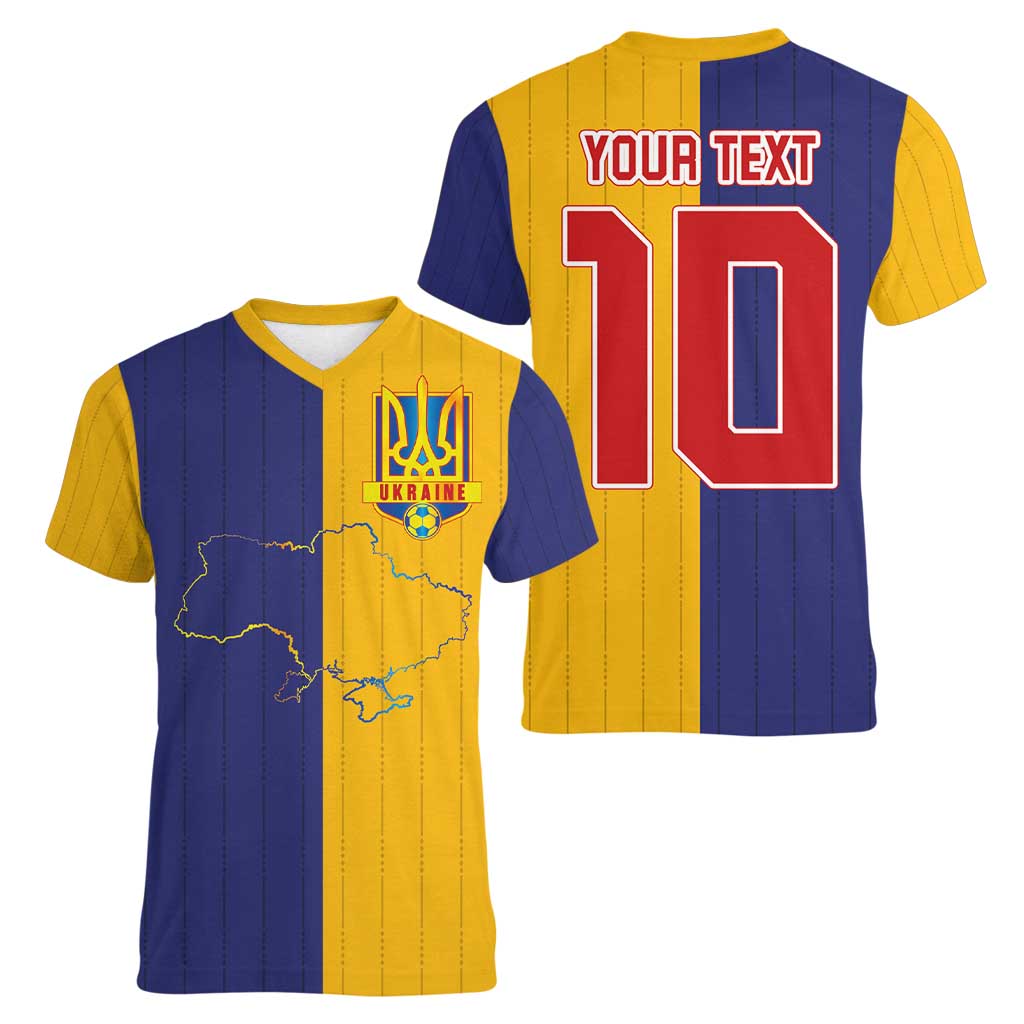 Custom Ukraine National Football Women V-Neck T-Shirt The Blue and Yellow with Map Half Style - Wonder Print Shop