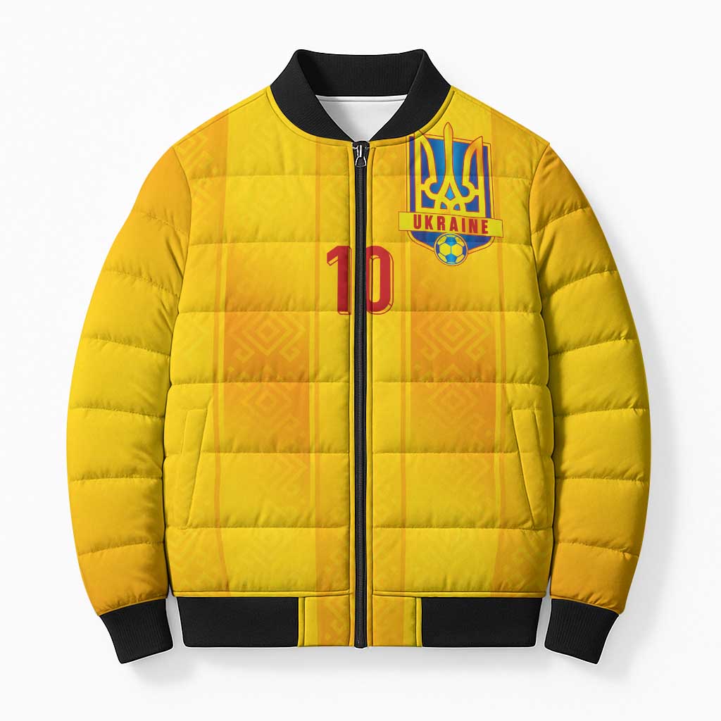 Custom Ukraine National Football Bomber Puffer Jacket Vyshyvanka Inspired Geometry - Wonder Print Shop