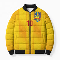 Custom Ukraine National Football Bomber Puffer Jacket Vyshyvanka Inspired Geometry - Wonder Print Shop