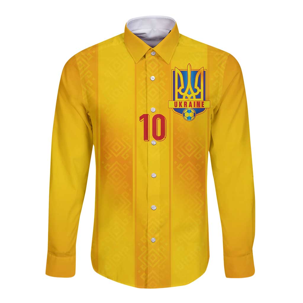 Custom Ukraine National Football Long Sleeve Button Shirt Vyshyvanka Inspired Geometry - Wonder Print Shop
