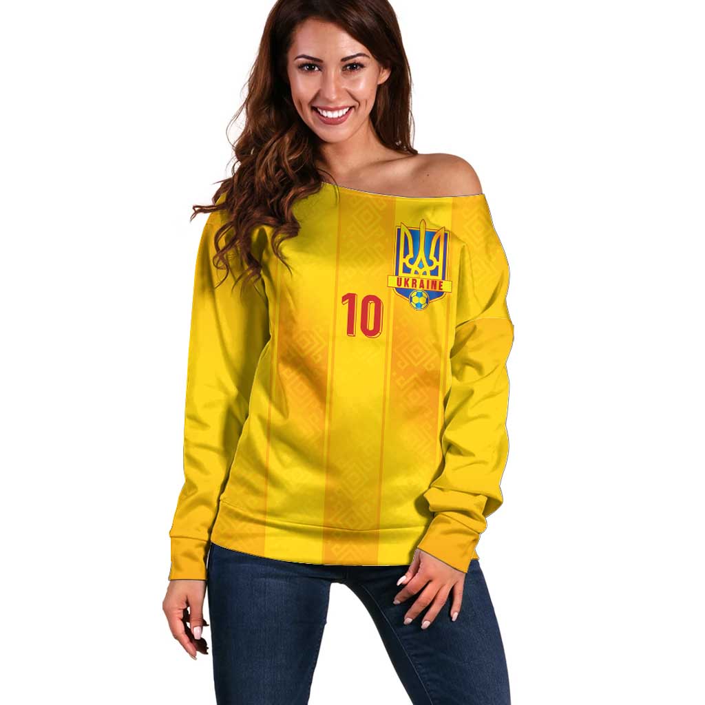 Custom Ukraine National Football Off Shoulder Sweater Vyshyvanka Inspired Geometry - Wonder Print Shop