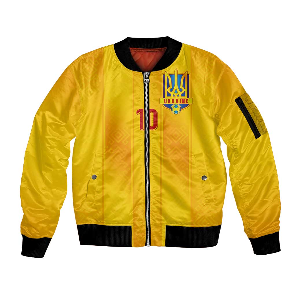 Custom Ukraine National Football Sleeve Zip Bomber Jacket Vyshyvanka Inspired Geometry - Wonder Print Shop