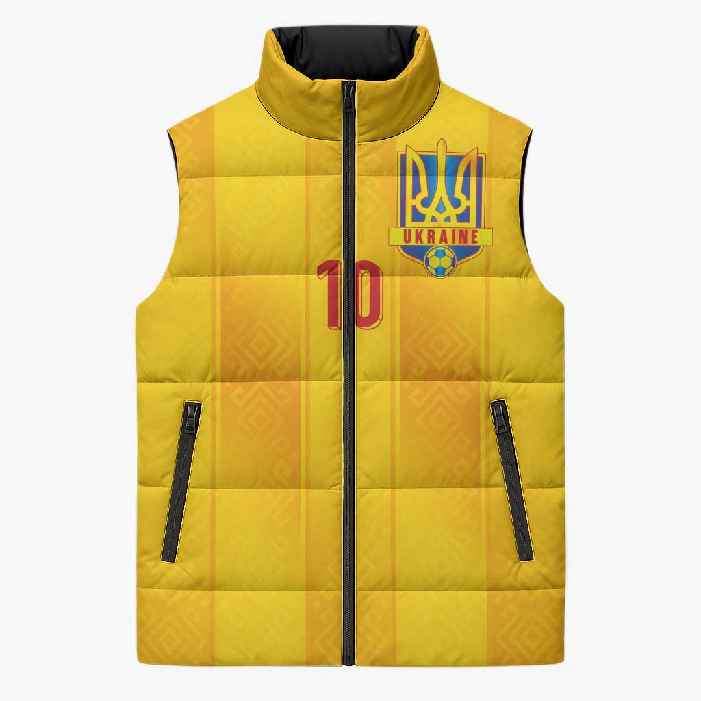 Custom Ukraine National Football Sleeveless Puffer Jacket Vyshyvanka Inspired Geometry - Wonder Print Shop