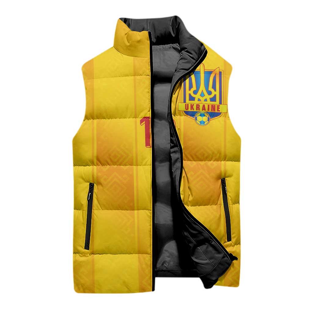 Custom Ukraine National Football Sleeveless Puffer Jacket Vyshyvanka Inspired Geometry - Wonder Print Shop