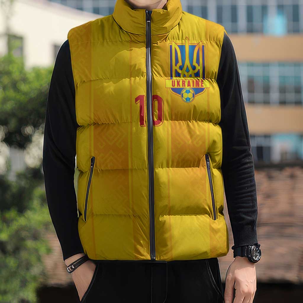 Custom Ukraine National Football Sleeveless Puffer Jacket Vyshyvanka Inspired Geometry - Wonder Print Shop