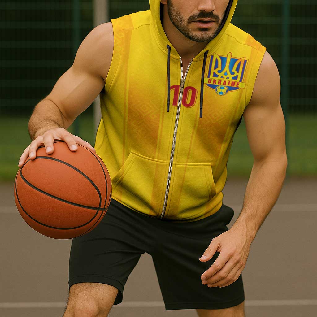 Custom Ukraine National Football Sleeveless Zip Hoodie Vyshyvanka Inspired Geometry - Wonder Print Shop