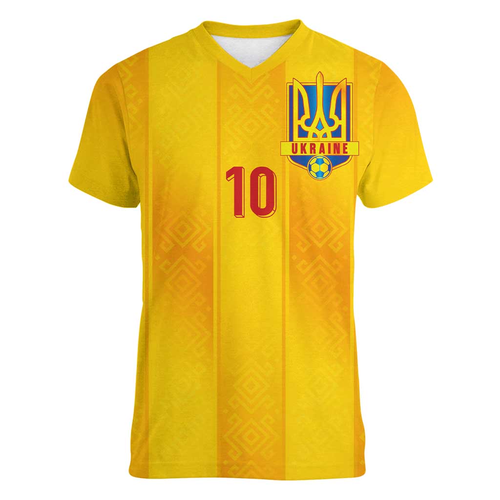 Custom Ukraine National Football Women V-Neck T-Shirt Vyshyvanka Inspired Geometry - Wonder Print Shop