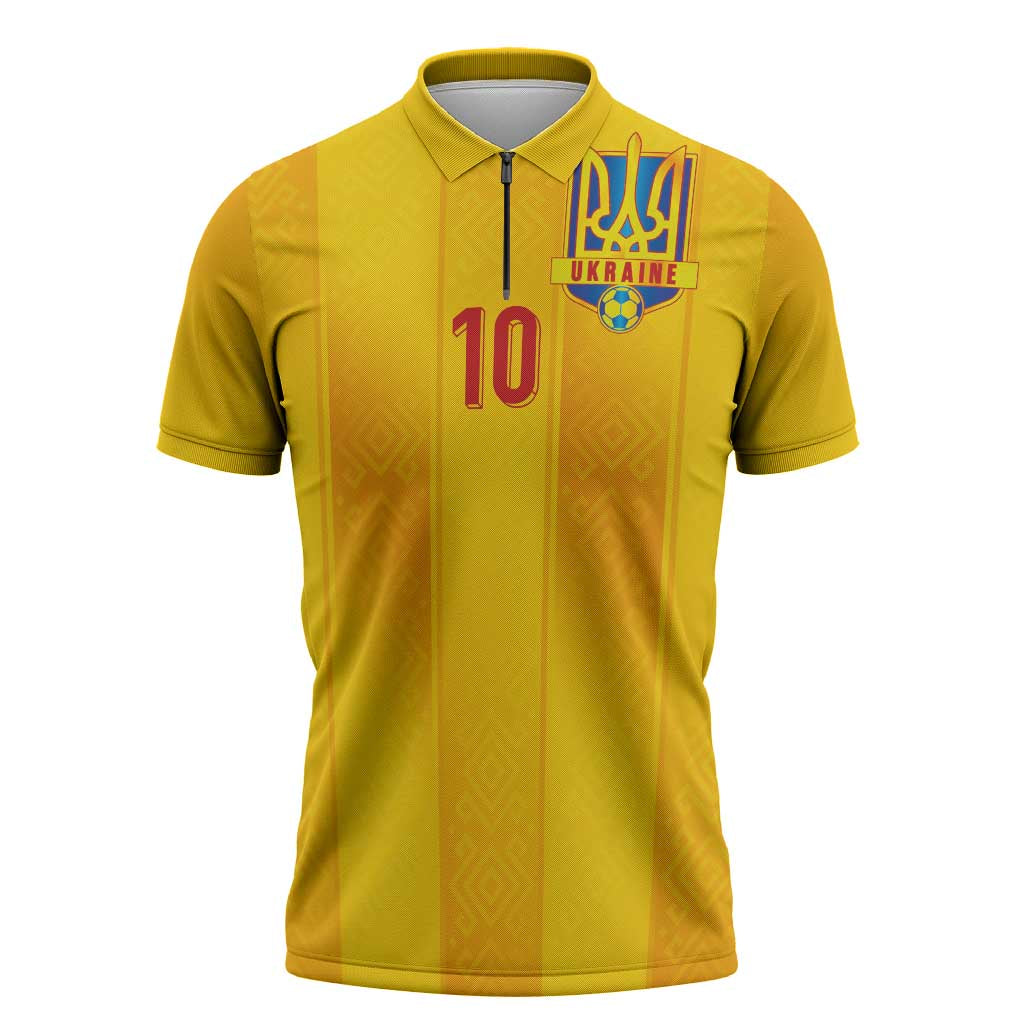 Custom Ukraine National Football Zipper Polo Shirt Vyshyvanka Inspired Geometry - Wonder Print Shop