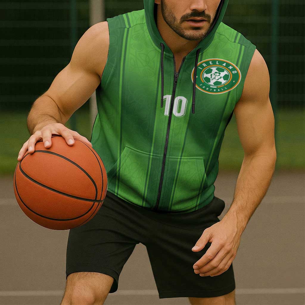 Custom Ireland National Football Sleeveless Zip Hoodie Celtics Knot Shamrocks Inspired Geometry - Wonder Print Shop