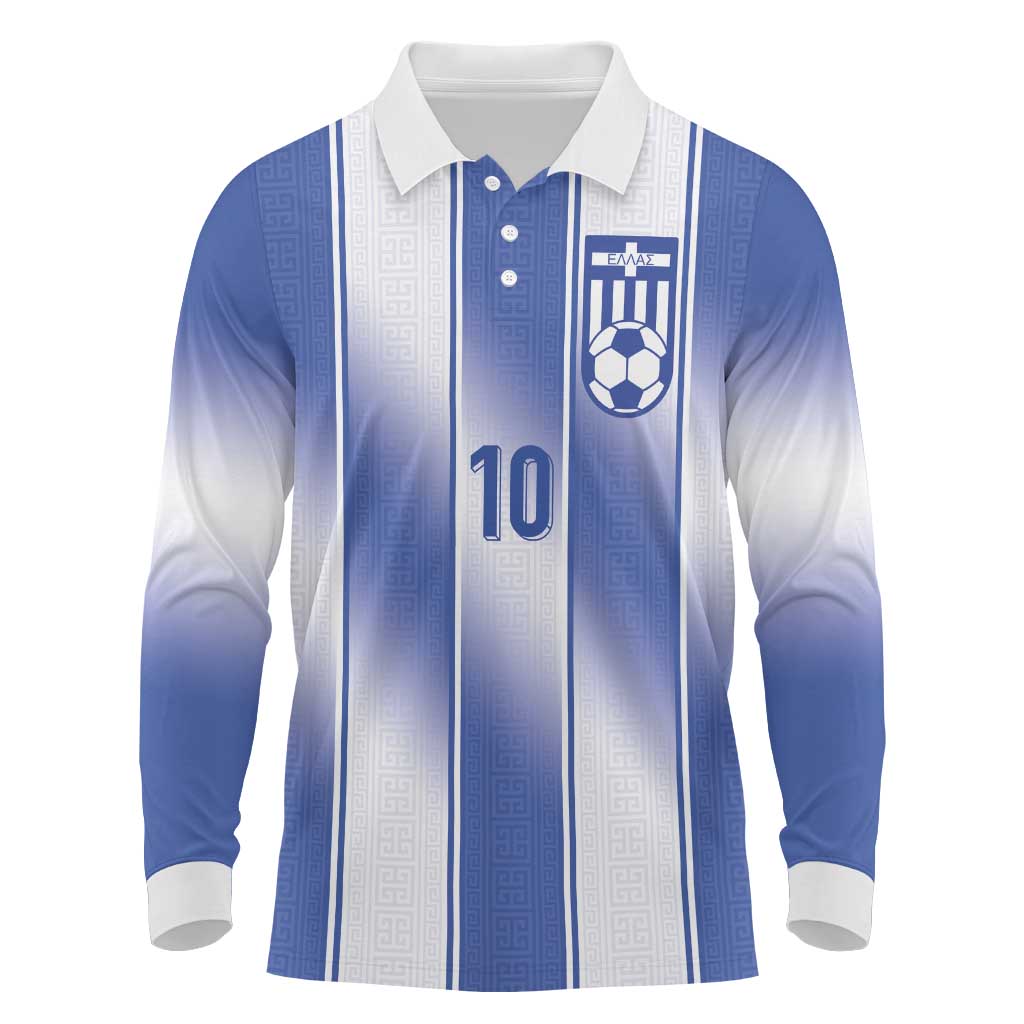 Custom Greece National Football Long Sleeve Polo Shirt Greek Key Inspired Geometry - Wonder Print Shop