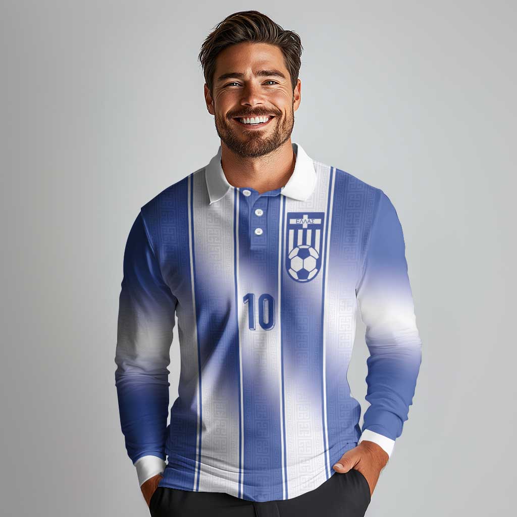 Custom Greece National Football Long Sleeve Polo Shirt Greek Key Inspired Geometry - Wonder Print Shop