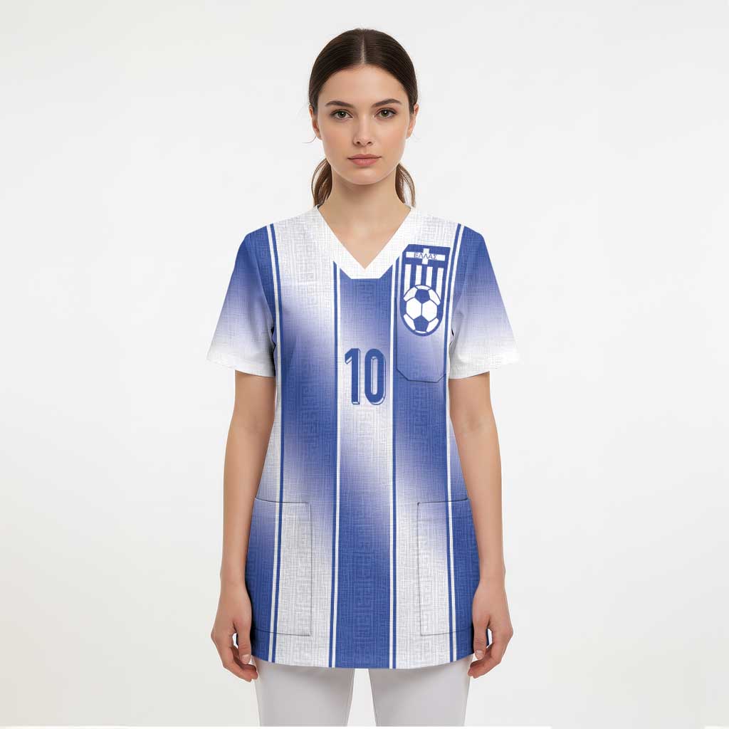 Custom Greece National Football Scrub Top Greek Key Inspired Geometry - Wonder Print Shop
