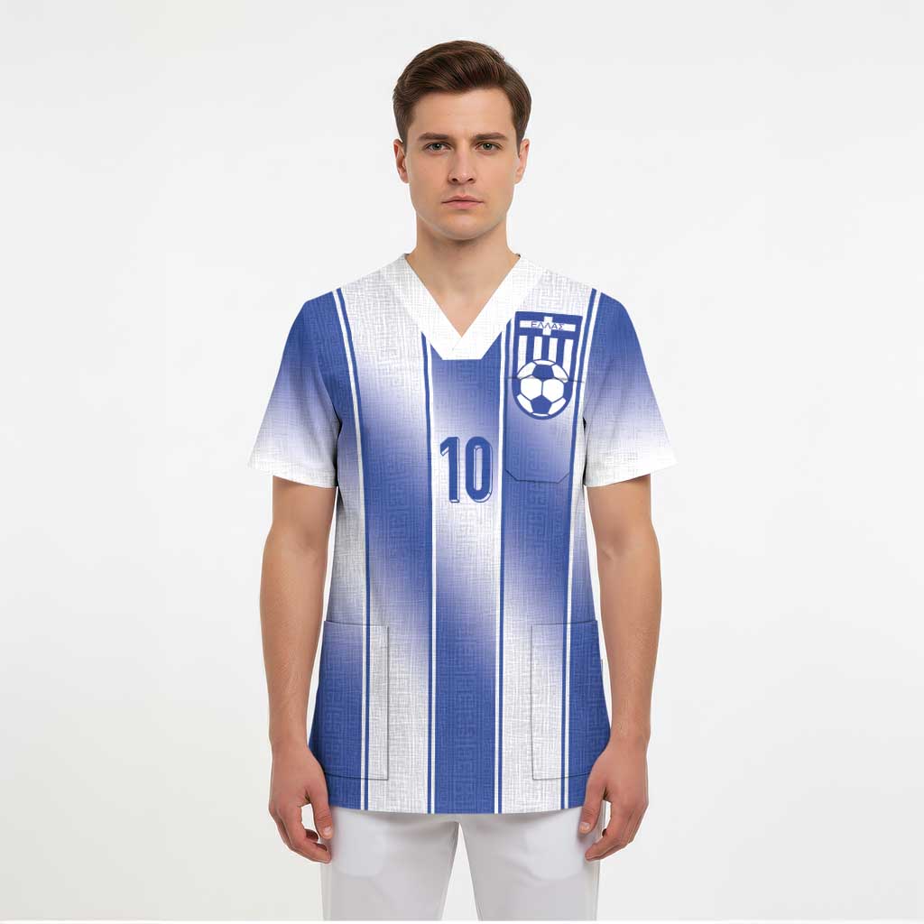 Custom Greece National Football Scrub Top Greek Key Inspired Geometry - Wonder Print Shop