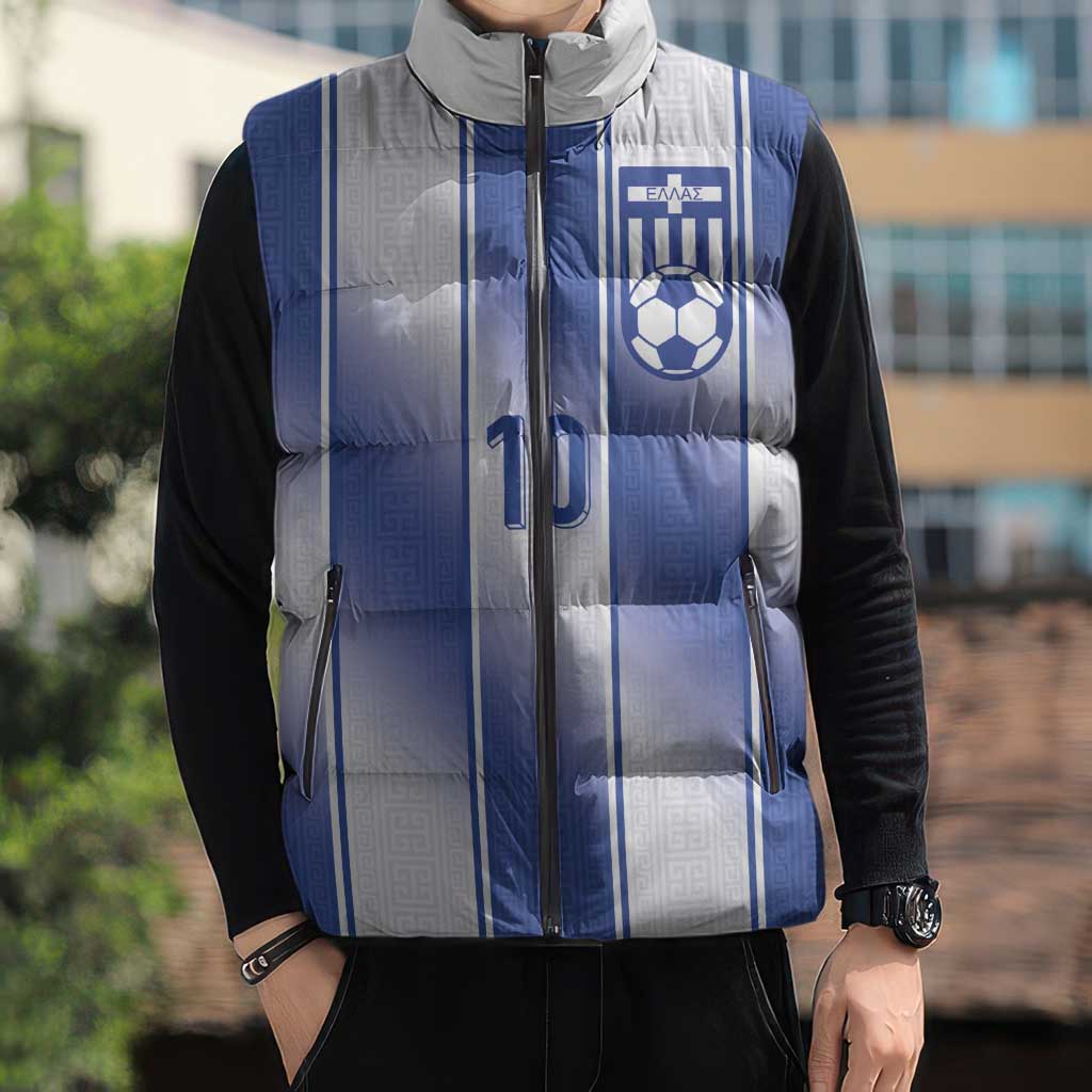 Custom Greece National Football Sleeveless Puffer Jacket Greek Key Inspired Geometry - Wonder Print Shop