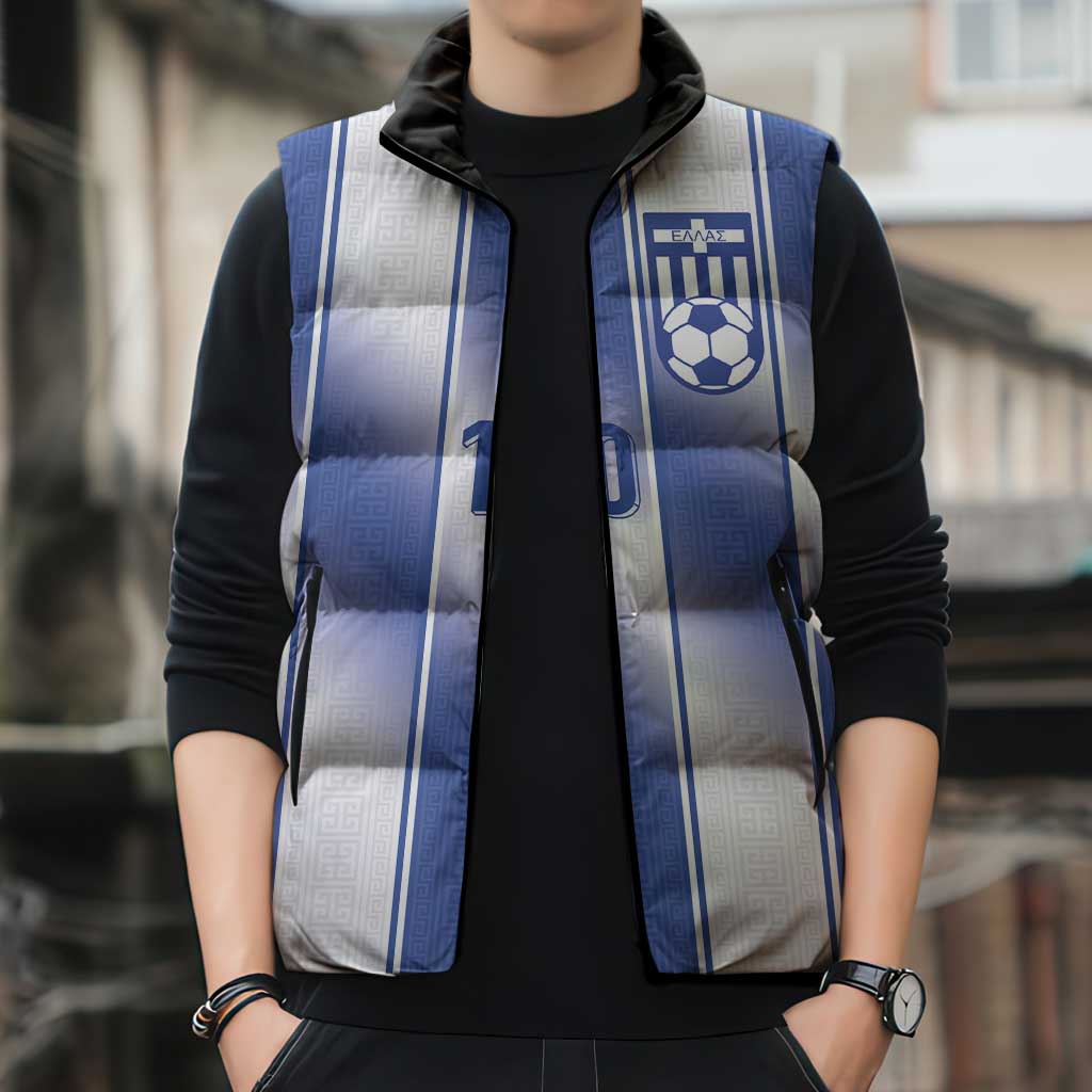 Custom Greece National Football Sleeveless Puffer Jacket Greek Key Inspired Geometry - Wonder Print Shop
