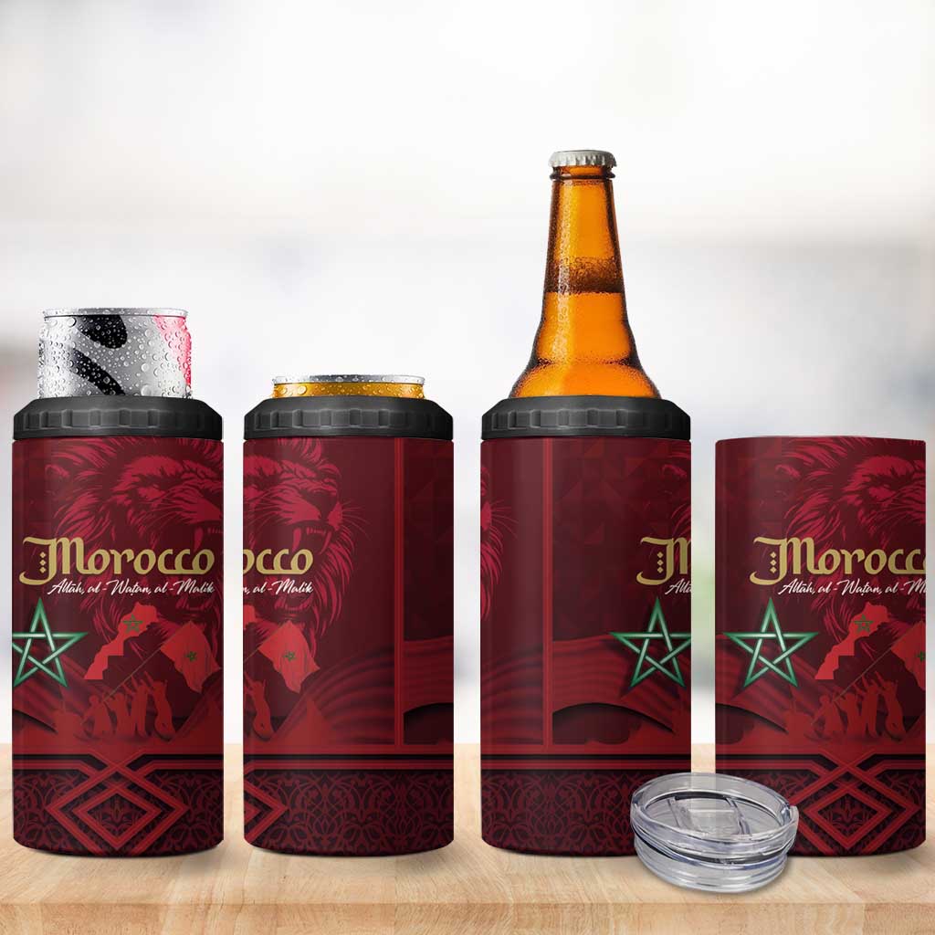 Happy Morocco Proclamation Day 4 in 1 Can Cooler Tumbler Barbary Lion's Roar - Fight for Peace and Freedom - Wonder Print Shop