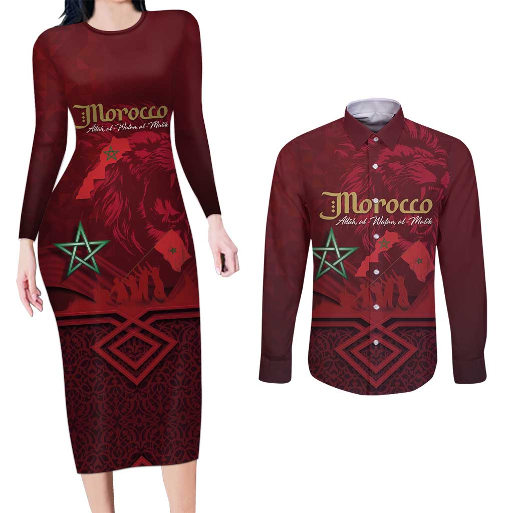Happy Morocco Proclamation Day Couples Matching Long Sleeve Bodycon Dress and Long Sleeve Button Shirt Barbary Lion's Roar - Fight for Peace and Freedom - Wonder Print Shop